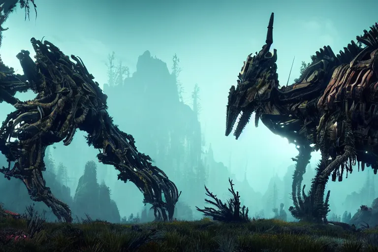 Image similar to wide epic shot from horizon forbidden west. a hyper detailed organic mechanic creatuve realistic similar look as horizon forbidden west horizon zero dawn, bioluminiscence in a dark deep forest at dawn in spring, with reflection and textures, by kilian eng, substance painter reaslitic mech surface metal painted scratches, world env from horizon forbidden west horizon zero dawn