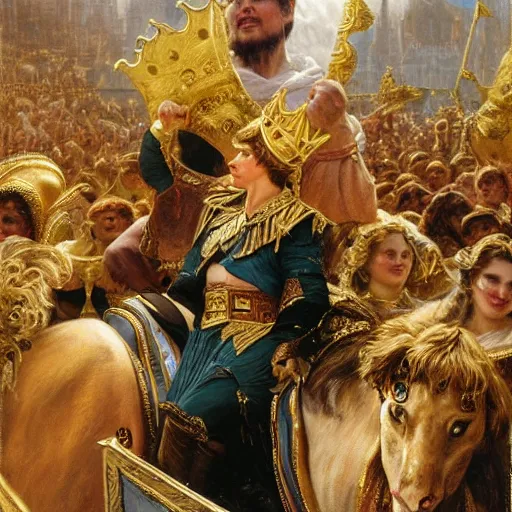 Image similar to tom cruise wearing a golden crown after overcoming his fear or death, standing above a cheering crowd, highly detailed painting by gaston bussiere and j. c. leyendecker 8 k