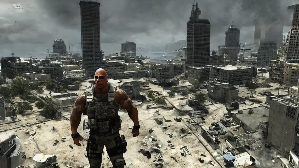 Image similar to dwayne the rock johnson, dwayne the rock johnson in the call of duty map highrise, modern warfare 2 highrise, screenshot