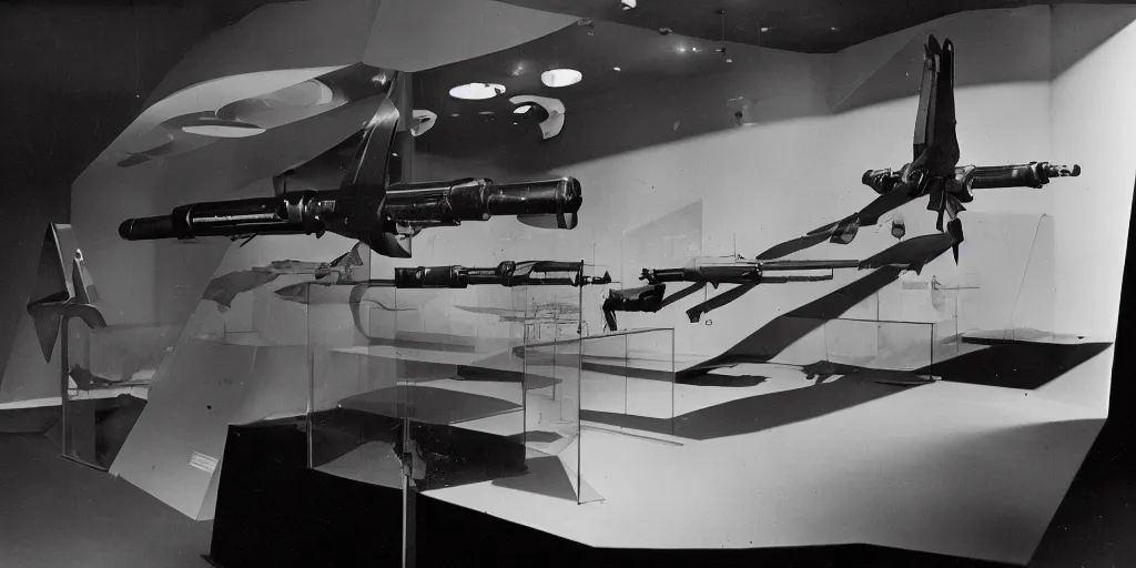 Prompt: museum display of ww 2 space laser weapons, archive photograph, 1 9 5 0's, sci - fi