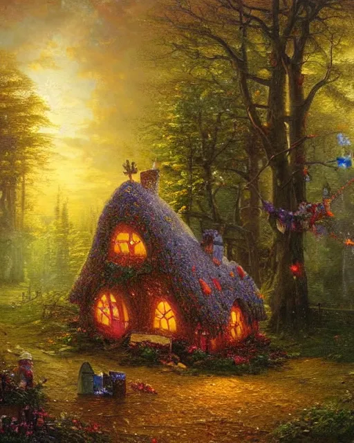 Image similar to an oil painting of a candy - covered gingerbread witch's house in the forest, by thomas kincade, ivan shiskin, and james gurney