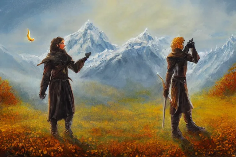 Prompt: concept art, mood painting, environment painting, rohan man holding white flower looking at flower large field autumn october snow capped mountains in background lord of the rings lotr. style of, ryan church, jon mccoy, george hull, painting