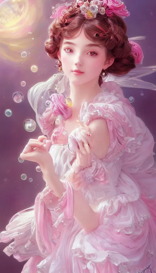 Prompt: portrait of magical lolita girl, dreamy and ethereal, expressive pose, big pink eyes, peaceful expression, ornate frilly dress, fantasy, intricate, elegant, many rainbow bubbles and sparkles, rose tones, highly detailed, digital painting, artstation, concept art, smooth, sharp focus, illustration, art by artgerm and greg rutkowski and alphonse mucha