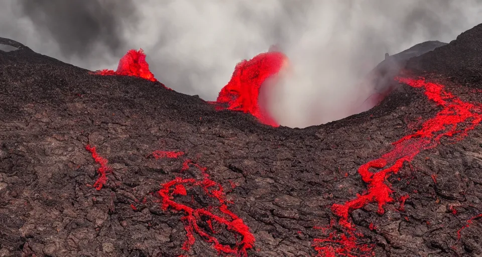 Prompt: a volcano made of ivory vines and crimson rocks enters in eruption, it spits a smoke in the shape of demonic eye, by Jesper Esjing