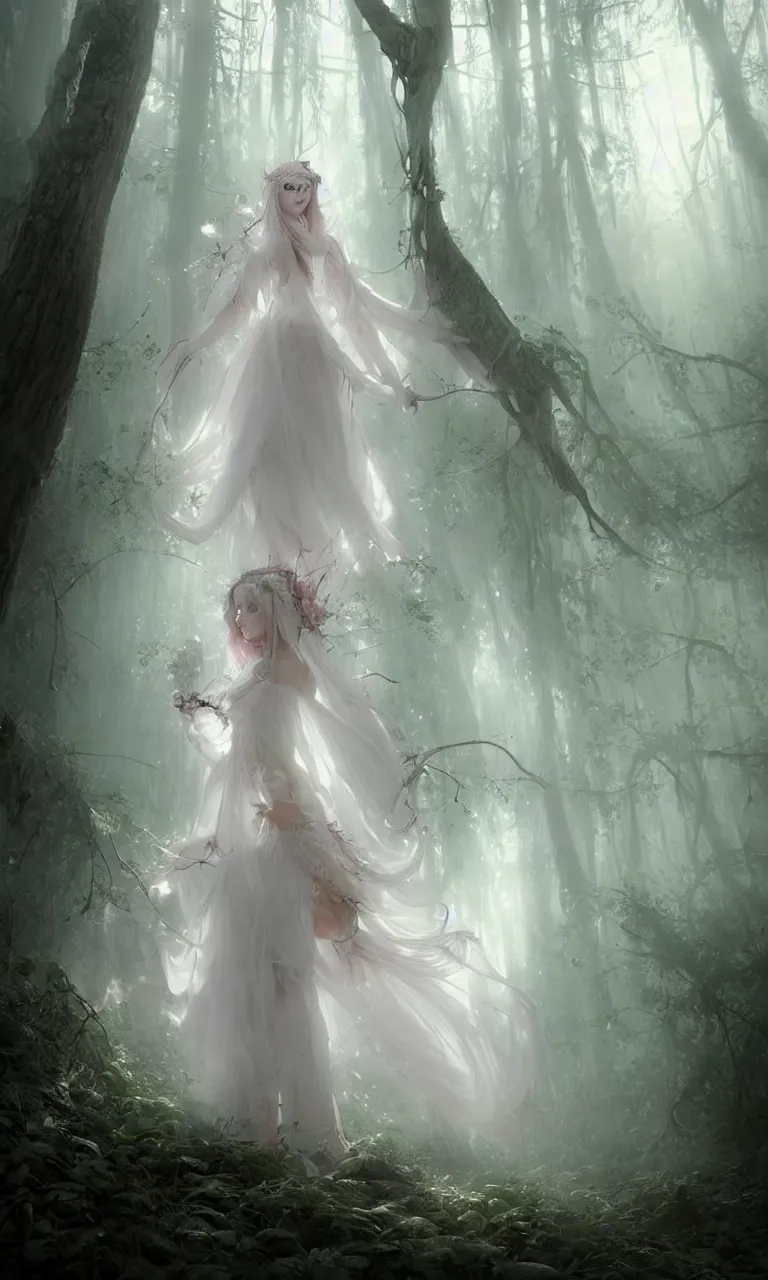 Prompt: beautiful pastel witch dress in white in a glade in a misty path of the ancient forest at dusk., wearing veil with rococo ornaments, atmospheric, in a spotlight, character design, concept art, cinematic, beautiful lighting, hyper details, beatiful art by Lêon François Comerre, Craig Mullins, Peter Mohrbacher, red and cream, artstation, unreal engine, highly detailed environment HD, Maxon Cinema 4D render, 8K, dark beauty, by Jean-Baptiste Regnault, agostino arrivabene, Botticelli and, Fabio Timpanaro, samori, rubens, trending on artstation