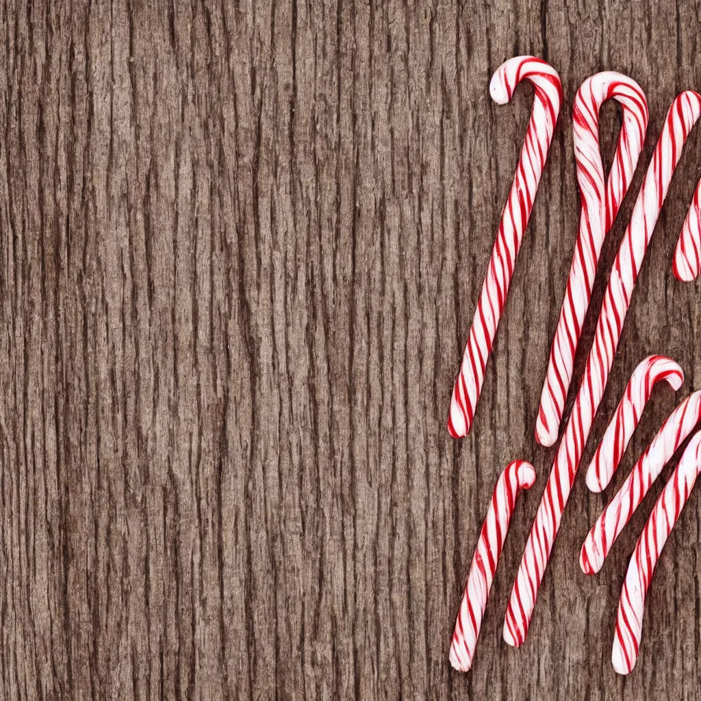 Prompt: close - up view of candy cane on top of a wooden table, 8 k, high detail, photorealistic, proper shading