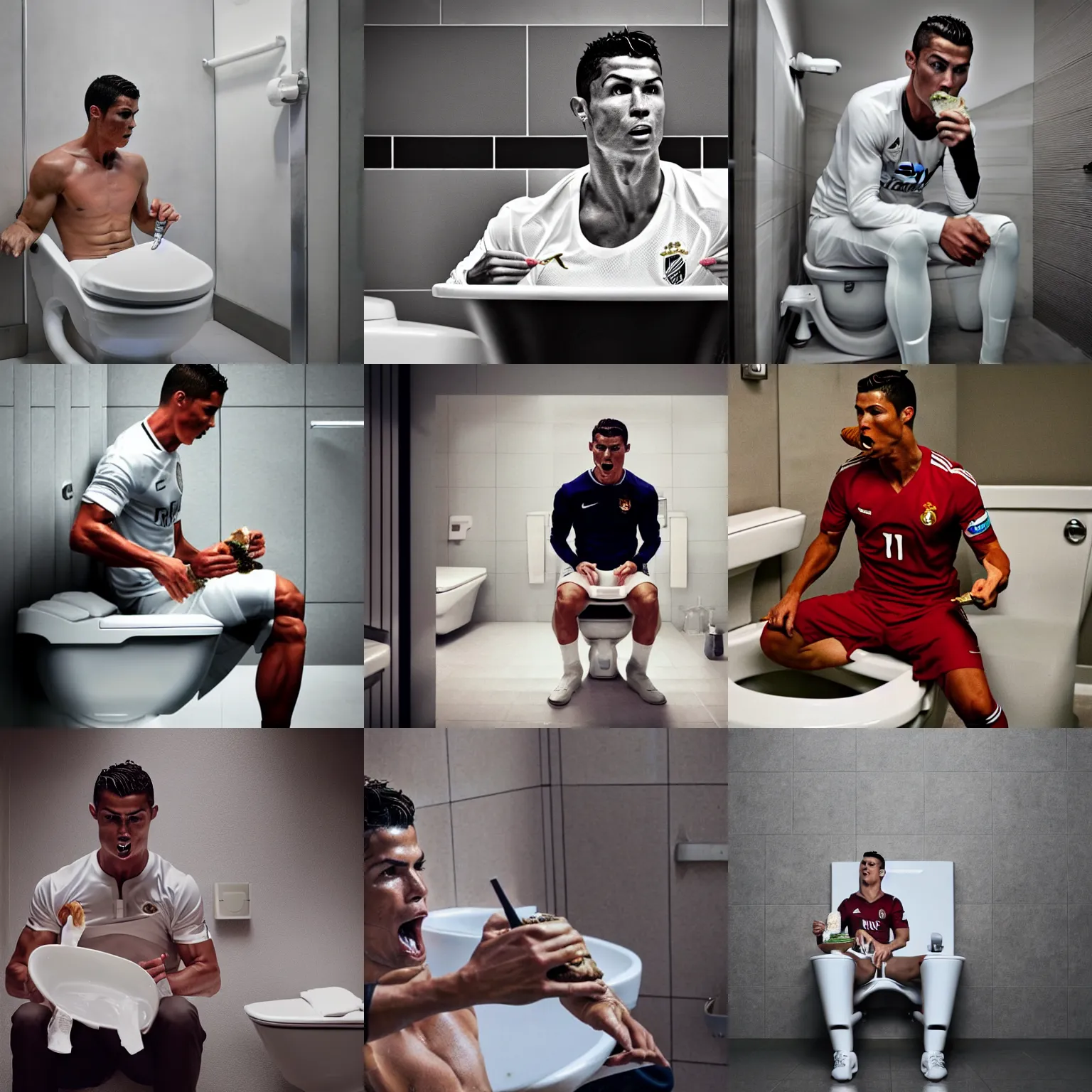 Prompt: cristiano ronaldo eating from the toilet, cinematic composition, 4 k, movie still