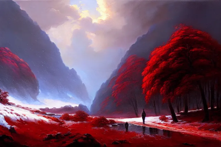 Image similar to a beautiful oil painting of a rocky valley covered in snow, trees with red leaves, thunderstorm in the sky, blue lighting, gloomy, atmospheric lighting, detailed, by greg rutkowski, trending on artstation