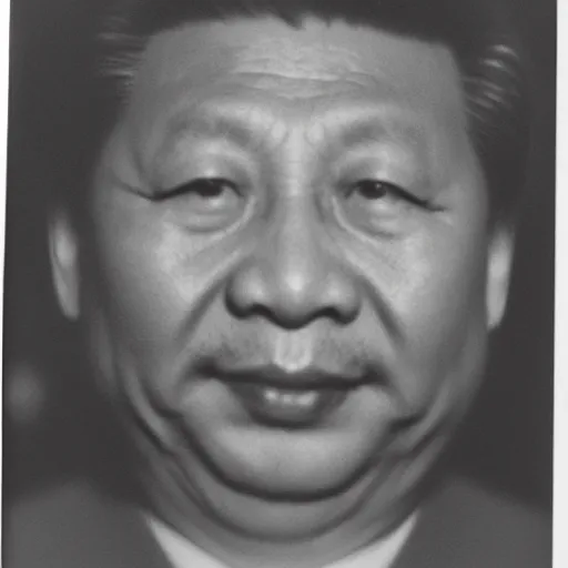 Image similar to photo of Xi Jinping by Diane Arbus, extreme closeup, black and white, high contrast, Rolleiflex, 55mm f/4 lens