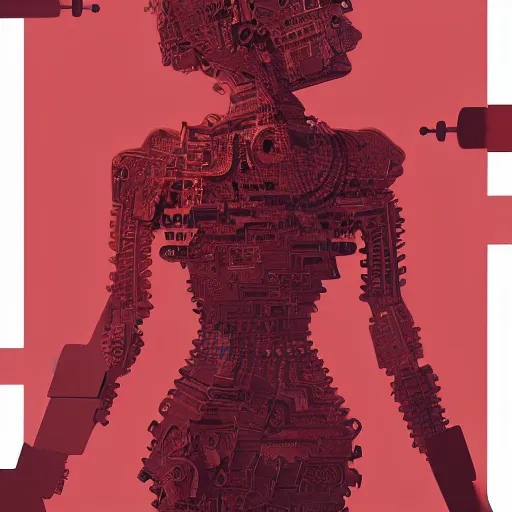 Prompt: digital, 2 dmatte, painting, illustration, abstract, illustration art, photoshop, fantasy, matte painting, abstract, red woman, intricate lines, made of tiny gears and robot parts