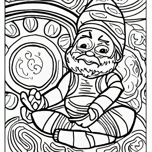 Prompt: gnome yoga poses coloring book page, high detail