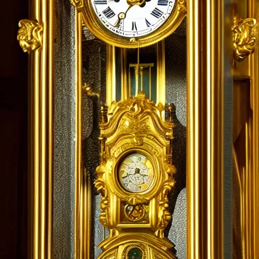 Prompt: photo of a grandfather clock with a gold-colored human face coming out of the front