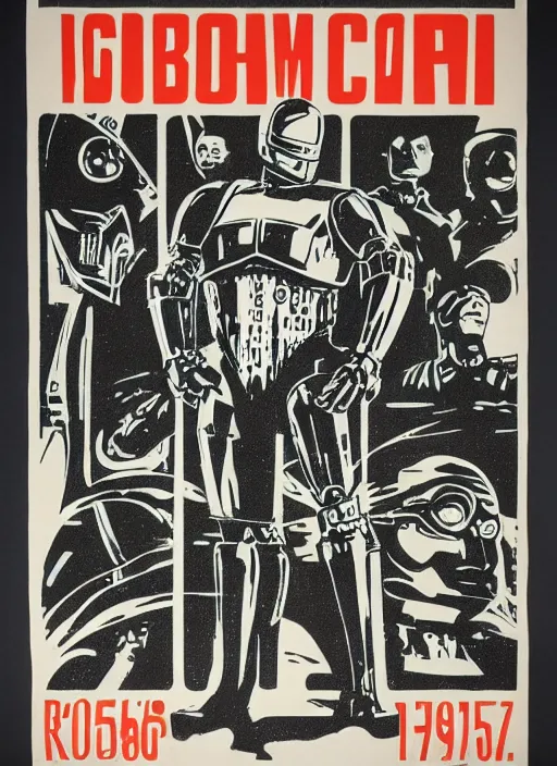 Prompt: Polish posters for RoboCop film. Screen printed, silkscreen, paper texture. 1968