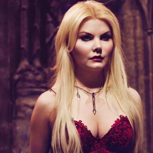 Prompt: elisha cuthbert as a female demon in a gloomy gothic cathedral at night
