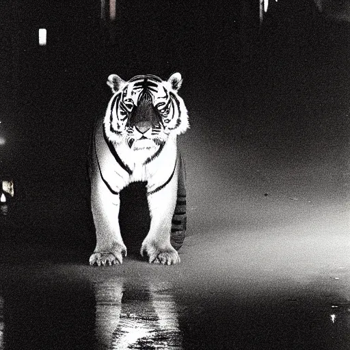 Prompt: retro photograph of a tiger smoking a cigarette in Dhaka at night, foggy