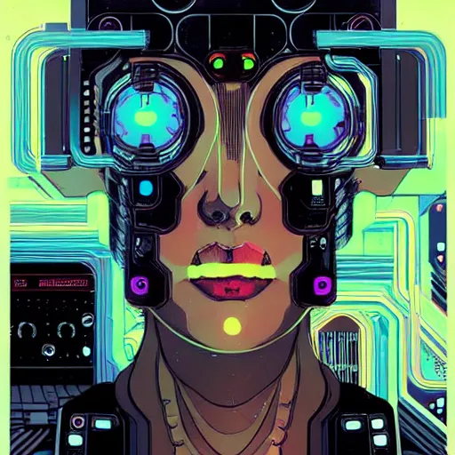 Prompt: a portrait of a beautiful cybernetic woman connected to a synthesizer from hell, wires, cyberpunk concept art by josan gonzales and enki bilal