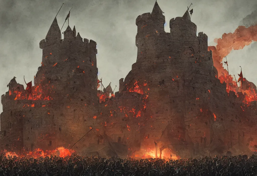 Image similar to handmade illustration of an small medieval castle being attacked by some medieval soldiers, fire and smoke, catapults and arrows, line art, ink, heavy brushstrokes, watercolor by Kilian Eng and by Jake Parker, winning-award masterpiece, fantastic, octane render, 8K HD Resolution, High quality image