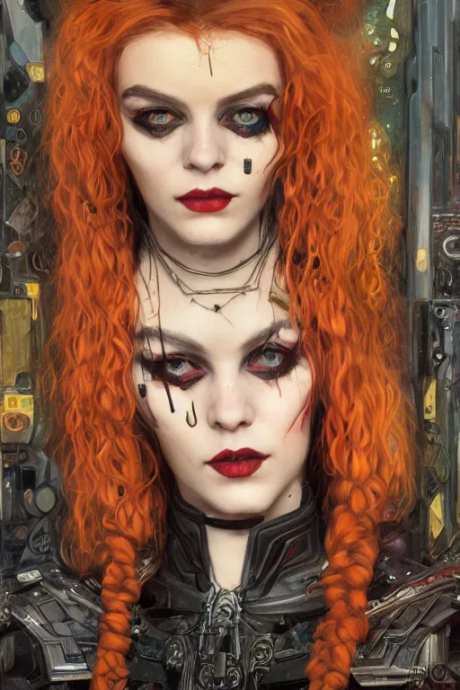 Image similar to portrait of beautiful gothic Margo Robbie, cyberpunk, Warhammer, highly detailed, artstation, illustration, art by Gustav Klimt