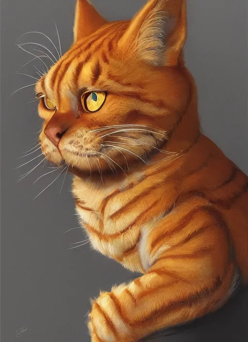 Image similar to portrait of Garfield, highly detailed, centered, solid color background, digital painting, artstation, concept art, smooth, sharp focus, illustration, artgerm, donato giancola, Joseph Christian Leyendecker, Les Edwards, Ed Repka, WLOP, Artgerm