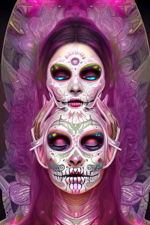 Image similar to ultra detailed female android deity, eyes closed, 8 k, flowerpunk, psychedelic vector art!!!, digital painting, sci - fi, fantasy, ( dia de los muertos ), asymmetrical,!! concept art, art by artgerm and giger and michael welan and alphonse mucha and loish and wlop