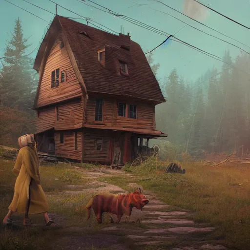 Image similar to woman leaving her wooden broken house by simon stålenhag, very highly detailed, award winning, rendered by Beeple, by Makoto Shinkai, syd meade, starwars, space art concept, digital art, unreal engine, blender, WLOP, trending on artstation, 4K UHD image, octane render