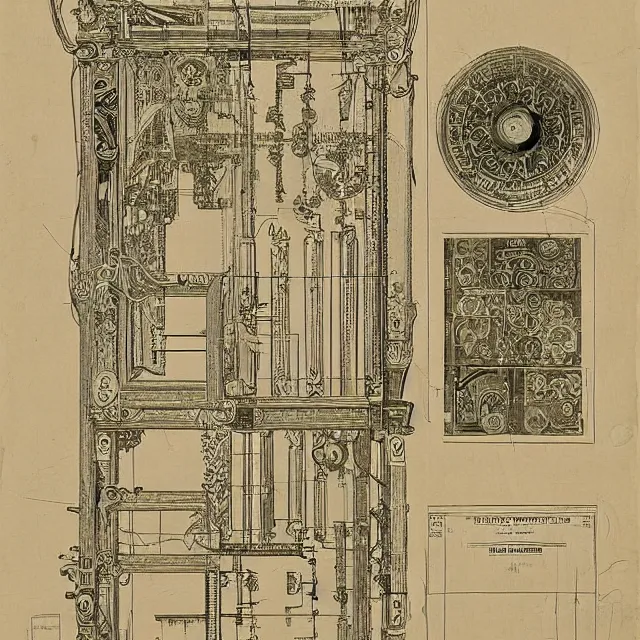 Prompt: beautiful, symmetric, art nouveau, detailed, intricate technical drawings on parchment from 1 8 4 0 with extensive written labels and covered in scribbled pencil notes in open space, for a mechanical display attachment to babbage's difference engine, showing a screen playing tetris, by ron cobb and alphonse mucha