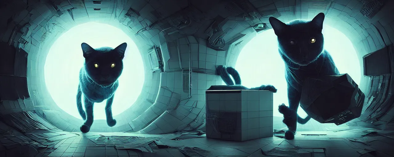 Image similar to duotone noir scifi concept illustration of 3 d mesh of cat inside box zero gravity glowing 3 d mesh quantum portals, glowing eyes, octane render, surreal atmosphere, volumetric lighting. accidental renaissance. by sachin teng and sergey kolesov and ruan jia and heng z. graffiti art, scifi, fantasy, hyper detailed. trending on artstation