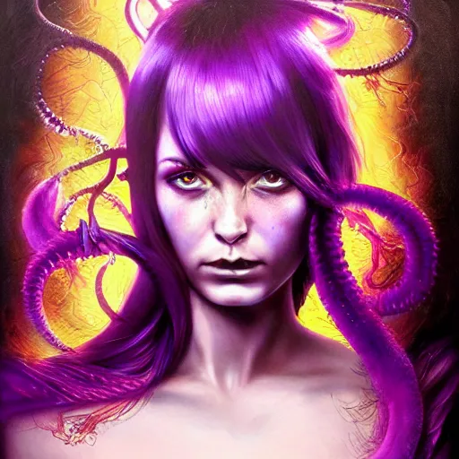 Image similar to detailed photo portrait of a furious teen girl with thin, hair-like purple tentacles on her head and bright purple eyes, 8k,by tristan eaton, Stanley Artgermm,Tom Bagshaw,Greg Rutkowski,Carne Griffiths,trending on DeviantArt, face enhance,hyper detailed ,full of colour, dramatic lightning