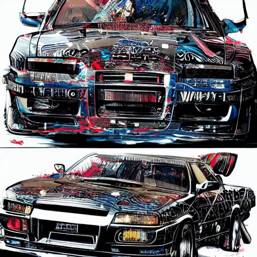 Prompt: beautiful hyper-detailed artwork of a ninja warrior with a sword, driving through the city, in a modified Nissan skyline r34, cyberpunk style