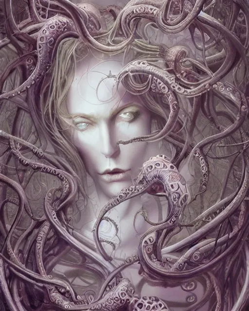 Prompt: centered beautiful detailed portrait of a insane, crazed, mad old woman, ornate tentacles growing around, ornamentation, thorns, vines, tentacles, elegant, beautifully soft lit, full frame, by wayne barlowe, peter mohrbacher, kelly mckernan, h r giger