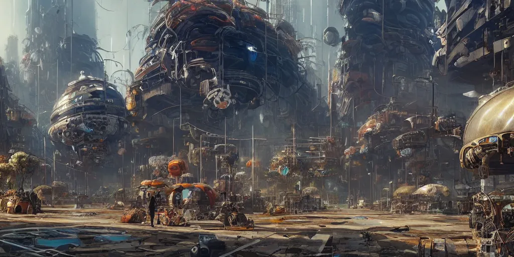 Prompt: screenshot of a beautiful biopunk marketplace in a massive makeshift city, flowers, sunlight, colossal arcing metal structures high in the sky, awe inspiring, fps, by james gurney, greg rutkowski, sparth, cinematography, cinematic masterpiece