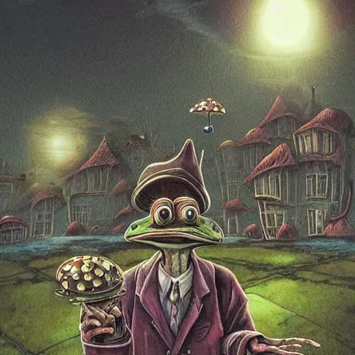 Image similar to A centered waist up portrait of a scary psychedelic godlike anthropomorphic frog smoking tobacco , magic mushroom village in background . award winning. superb resolution. in the art style of junji Ito and greg rutkowski . Detailed Mushroom city in background. Hyper realistic anime. Perfect art. Dalle2