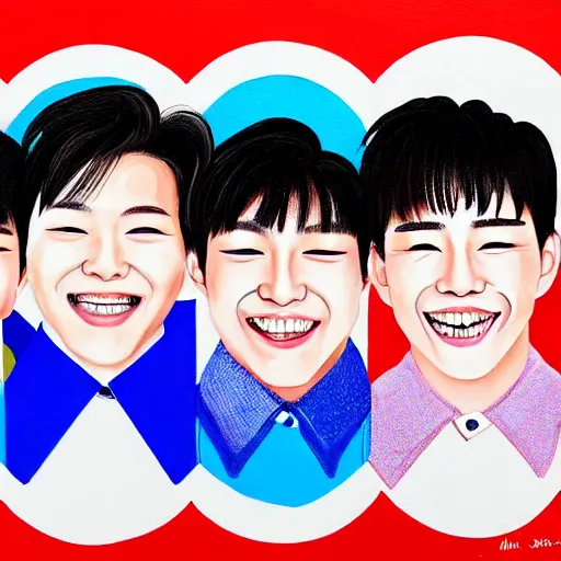 Image similar to handsome korean boys group smile to you - aesthetic, smooth painting, each individual seeds have ultra high detailed, 4 k, illustration, comical, acrylic paint style, pencil style, torn cosmo magazine style, pop art style, ultrarealism, by mike swiderek, jorge lacera, ben lo, tyler west