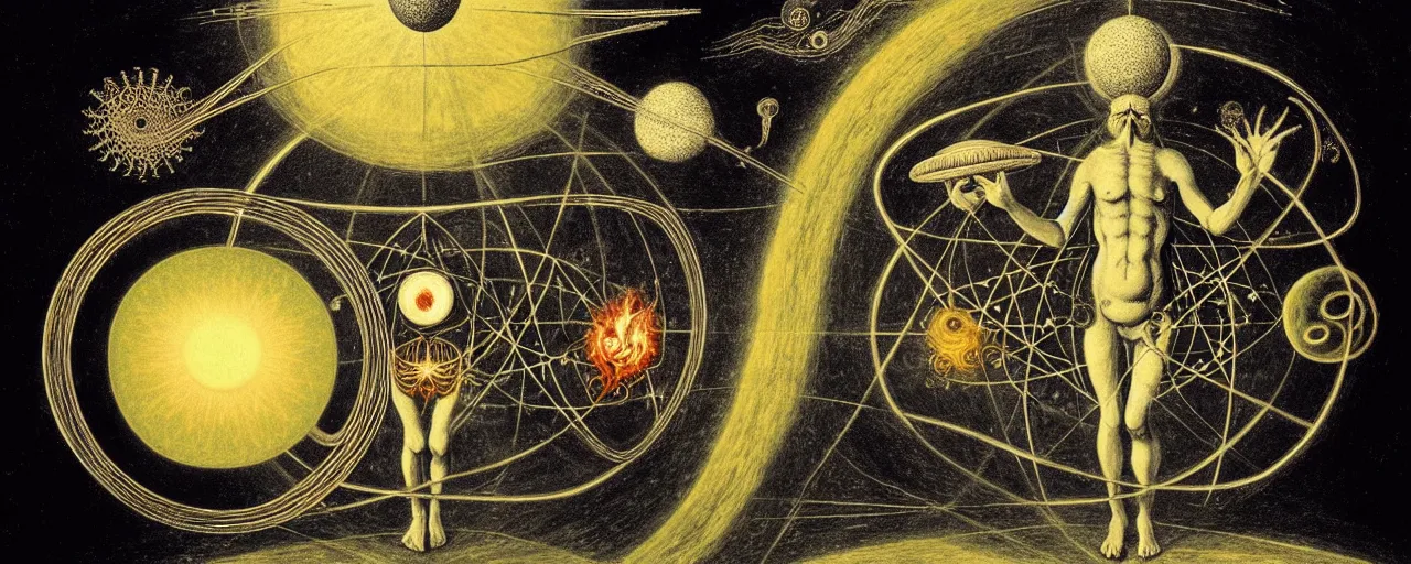 Prompt: a strange alchemical homunculus sings a unique canto about'as above so below'to the cosmos, while being ignited by the spirit of haeckel and robert fludd, breakthrough is iminent, glory be to the magic within, in honor of saturn, painted by ronny khalil