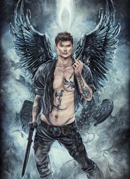 Image similar to Dean Winchester as an angel with religious tattoos on chest and neck, with glowing runes on the body, grimdark book cover style, D&D dark fantasy style, sharp focus, ultra detailed, art by Artgerm and Peter Andrew Jones, Ayami Kojima, Amano and Olivier Ledroit