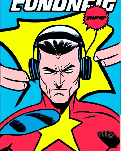 Prompt: a comic book cover of a superhero wearing headphones