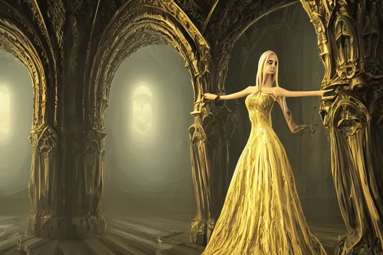 Image similar to ultra realist soft painting of a beautiful gothic princess in a full long curvy slim ornate dress in the world of Lovecraft, film noir style, very intricate details, ultra dense fog, golden ratio, volumetric lighting, reflections, refractions, symmetry accurate anatomy features, unreal render