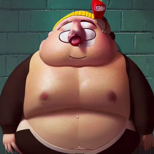 Image similar to hyperrealistic mixed media image of obese eric cartman, stunning 3 d render inspired art by greg rutkowski and xiang duan and thomas eakes, perfect facial symmetry, flesh texture, realistic, highly detailed attributes and atmosphere, dim volumetric cinematic lighting, 8 k octane detailed render, post - processing, masterpiece,