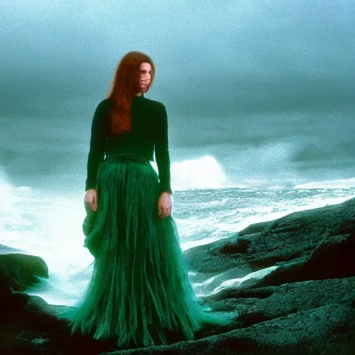 Image similar to dark and moody 1 9 7 0's artistic spaghetti western film in color, a woman in a giant billowy wide flowing waving dress made out of sea foam, standing inside a green mossy irish rocky scenic landscape, crashing waves and sea foam, volumetric lighting, backlit, moody, atmospheric