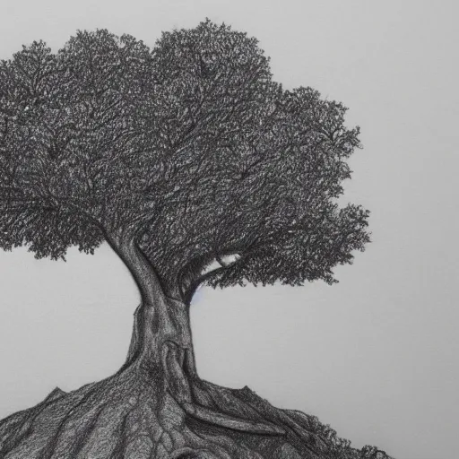 Prompt: oak tree on a hill, pencil drawing, detailed, landscape view