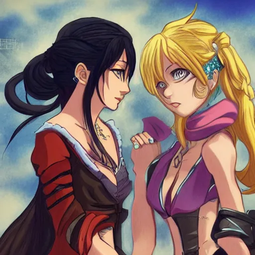 Prompt: a scene of a stare down between two beautiful female pirates, detailed anime art