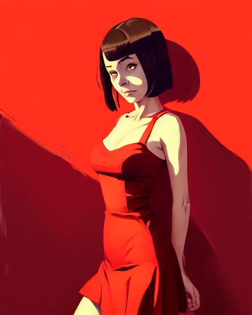 Image similar to portrait of cute girl in a red dress, gta v cover art, borderlands style, celshading, sharp focus, intricate, detailed, by rhads, andreas rocha, rossdraws, makoto shinkai, laurie greasley, lois van baarle, ilya kuvshinov and greg rutkowski, dynamic lighting, sharp focus, grunge aesthetic, 4 k