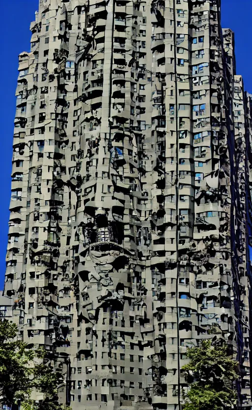 Image similar to giant monster with apartment in its chest, humans looking out from the windows embedded in the monster's chest, living apartment building, apartment building in the shape of a monster, monster made of apartment building