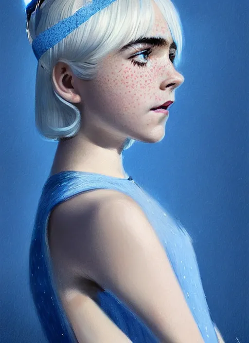 Image similar to portrait of kiernan shipka with freckles, white hair, 1 9 6 0 s bob hairstyle with bangs and hairband, blue 1 9 6 0 s dress, intricate, elegant, glowing lights, highly detailed, digital painting, artstation, concept art, smooth, sharp focus, illustration, art by wlop, mars ravelo and greg rutkowski