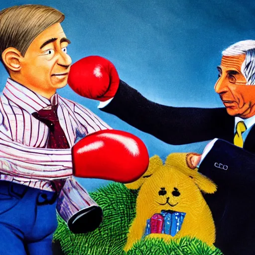 Image similar to fred rodgers punching dr. fauci, photorealistic, high detail,