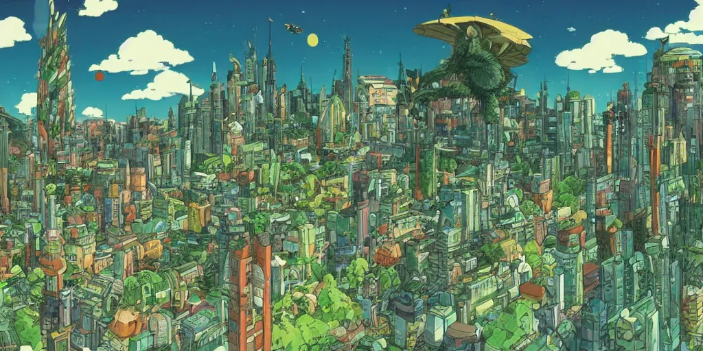 Prompt: future city covered by forest creature, flying, culture, smooth, by studio ghibli