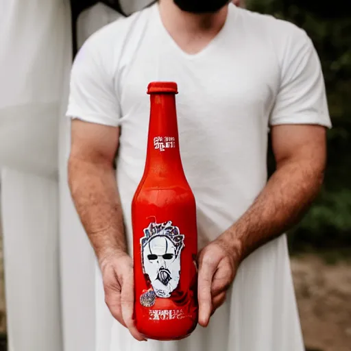 Prompt: man with short beard grinning sinisterly in a wedding dress holding a bottle of sriracha