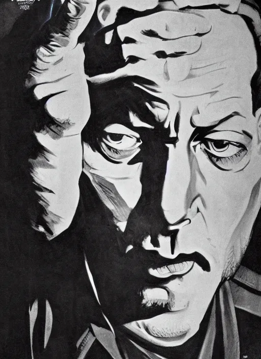 Image similar to Portrait Jean Reno gesture,look of hate, threatening pose, 1940s propaganda poster, full hd,highly detailed