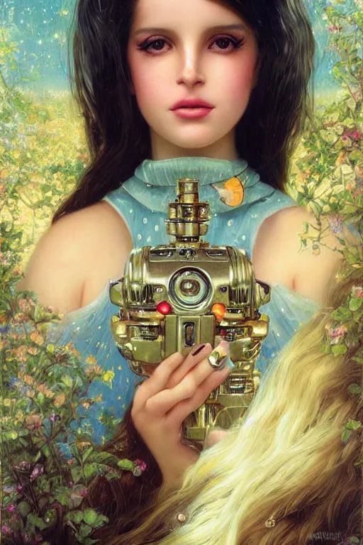 Image similar to cute shiny robot Lana Del Rey look-alike, Lilia Alvarado, Sophie Anderson, Mark Arian, Bob Byerley, Charlie Bowater, Mark Brooks, Steve Henderson, Justin Gerard, Arthur Hughes, Edward Robert Hughes, Mark Keathley, Victor Nizovtsev, Carlos Shwabe, Ross Tran, WLOP