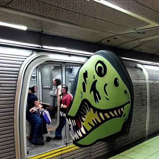 Prompt: a t - rex in the subways